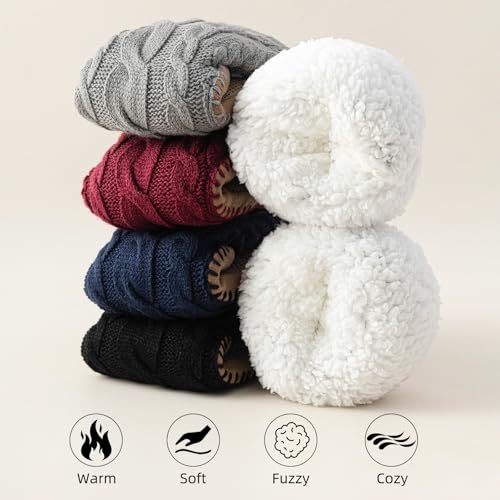 Slipper Socks for Women Grippers, Black Thick Lined Knit Slipper Sock With Sole Non Skid Bottom, Indoor House Fuzzy Slipper Sock for Hospital Floor, Christmas Slipper Socks for Family, Large Size 9-112