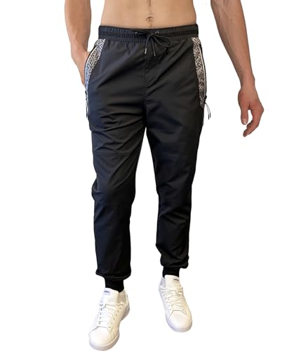 WT02 Men's Quick Dry Tech Woven Nylon Jogger Pants, Monogram Print, Lightweight, Water Resistant