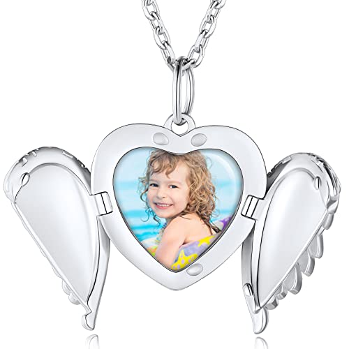 Custom4U Heart Locket Necklace That Holds Pictures Custom Silver Angel Wing Necklaces With Photo Personalized Memorial Jewelry Gift For Women #TOP30