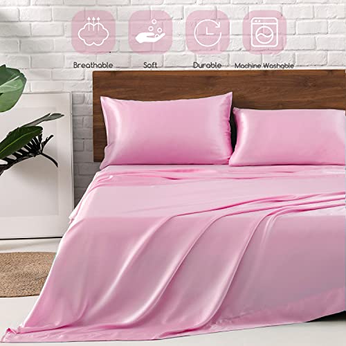 Image of MR&HM Satin Bed Sheets, Twin Size Sheets Set, 3 Pcs Silky Bedding Set with 15 Inches Deep Pocket for Mattress (Twin, Pink)