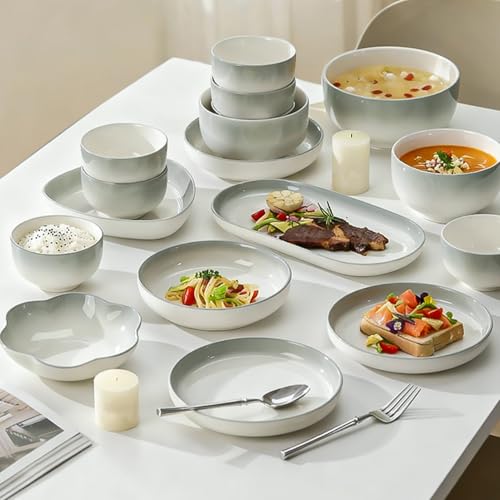 Juego de vajilla de 38 piezas, juego de vajilla de porcelana moderna de lujo para 8 platos y cuencos de cerámica, apto para lavavajillas y horno, juego de platos aptos para microondas, regalo de