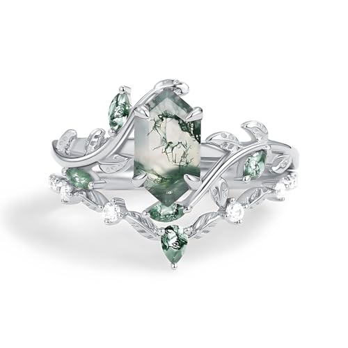 1-3 Carat Natural Moss Agate Engagement Rings Sets, S925 10K 14K 18K Gold Genuine Green Moss Agate Wedding Ring Set Vintage Bridal Bands Sets3