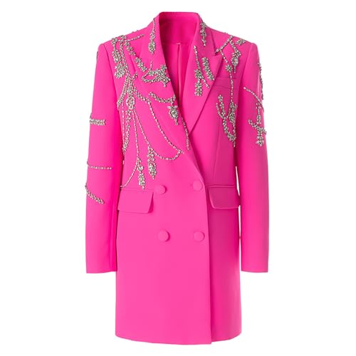 Women Rhinestone Beading Long Blazer Dress Jacket Luxury Shining Double Breasted Notched Collar Suit Fashion Outfit
