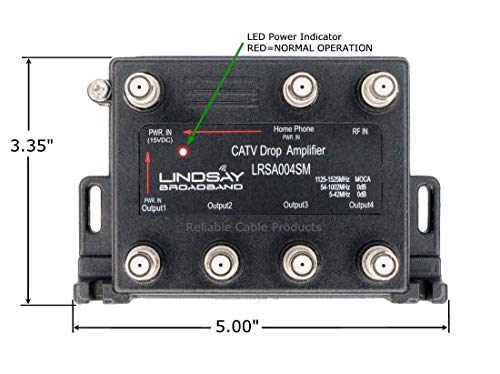 4-Port Cable TV/Internet Digital Signal Amplifier/Booster/Splitter with Unity Gain, Modem Bypass Port and MoCA Support, F59 Terminators (Lindsay LRSA004SM)