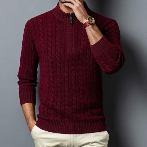Mens 100% Wool Quarter Zip Sweater Long Sleeve Cable Knit Mock Neck Polo Casual Pullover Sweaters2
