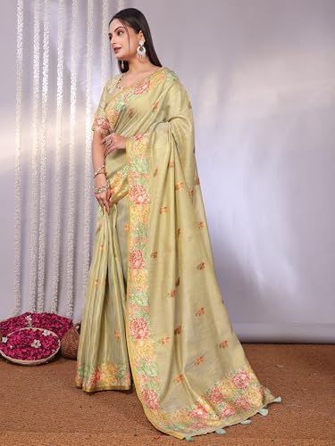 Image of SWORNOF Gold-Toned Woven Design Silk Zari Tissue Saree | Saree for Women | Soft and Skin Friendly
