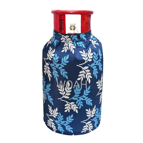 Image of Woah Cotton DustProof and Dustproof LPG Gas Cylinder Cover| Top Design Stain| Dust| DustProof PVC LPG Gas Cylinder Cover, Polyester Gas Tank Cover Fits StandardG (Pack of 2, Blue Leaf)