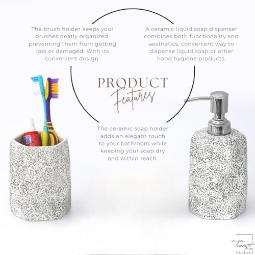 Image of Premium Ceramic Bathroom Set of 2 | Soap Dispenser & Toothbrush Holder for Bathroom Countertop | Stylish Handmade Ceramic Bath Accessories | Refillable Dispenser | White & Black