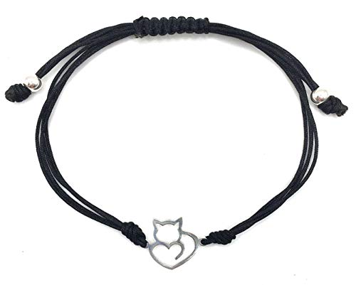 MASBARATA PULSERA HILO GATO-CORAZON DE PLATA DE LEY 925/1000 (NEGRO)