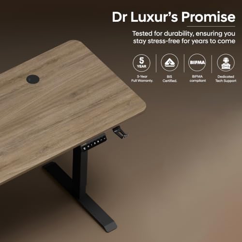 Image of Dr Luxur Stallion Electric Standing Desk | Height Adjustable 70-114cm | 80kg Load | 3 Memory Presets | Zero Wobble | Child Lock | Low Noise Motor | 5 Year Warranty (Mist Oak, 1200 * 600 mm)