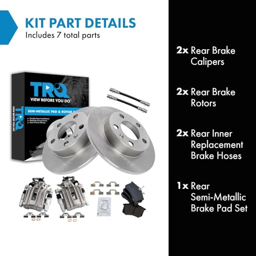 Image of TRQ Rear Brake Pad and Rotor Set Semi Metallic Rotors Calipers Compatible with 2007-2010 Volkswagen Beetle 1999 Golf