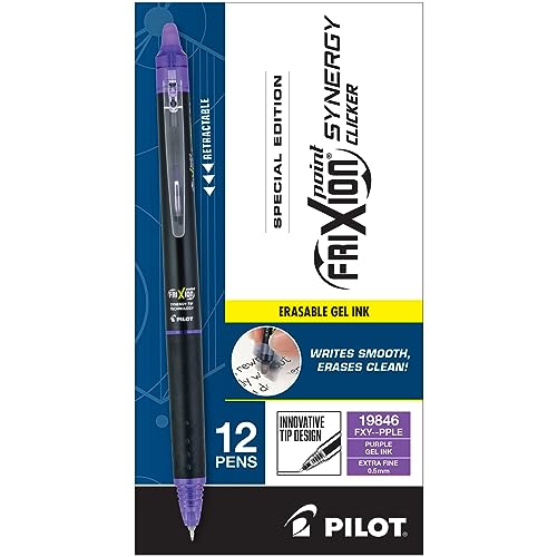 Pilot FriXion Synergy Clicker Erasable, Refillable, Retractable Gel Ink Pens, Extra Fine Point 0.5 mm, Pack of 12, Purple Ink, FriXion Erasable Pens 0.5 - Ideal for School & Office Writing
