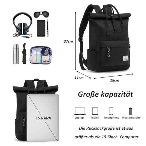 TANTOMI Laptop Rucksack, Rucksack Laptop Tasche 15,6 Zoll, Rucksack Damen und Herren weit öffenbar, Rolltop Rucksack wasserdicht, Backpack Daypack für Schule, Fahrradfahren, Freizeit und Reise