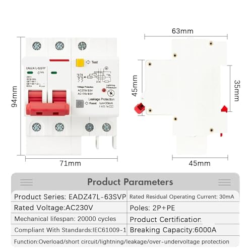 Disjoncteur différentiel 2P 230V SPD stoppant les surcharges électriques de 25A - 2