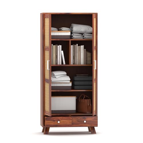 Image of Solid Wood 2 Door Wardrobe with Cane Design | Wooden Almirah with Storage Drawer | Modern Vintage Cupboard for Bedroom & Living Room (Honey Finish)