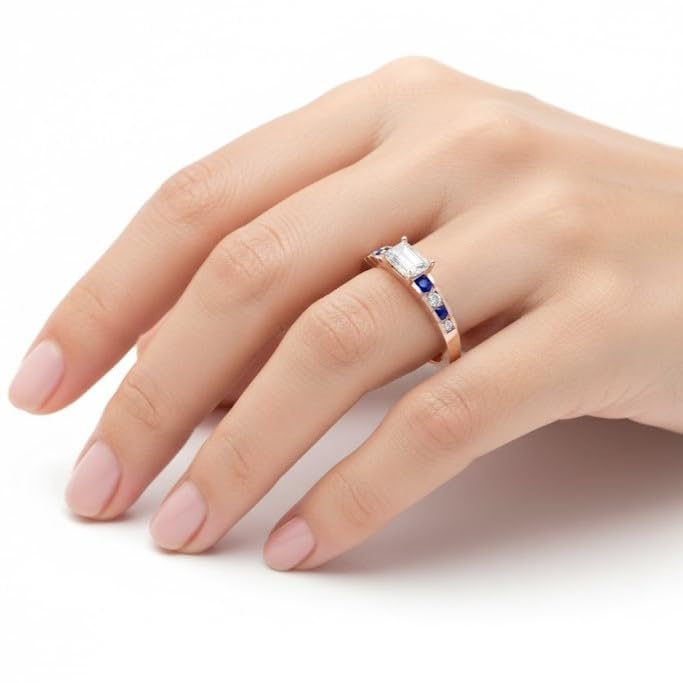 Image of 55Carat Choose Your Gemstone Diamond CZ Graduated Accent Ring Rose Gold Plated Emerald Shape Petite Engagement Rings Everyday Jewelry Wedding Jewelry Handmade Gifts for Wife US Size 4 to 12