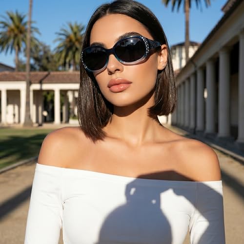 Image of LVIOE Polarized Sunglasses for Women Rhinestone Design Wrap Around Shades | UV400 Protection Fashion Sun Glasses Stylish Elegant Frame, Bonus Cleaning Cloth & Soft Pouch Plus Essential Accessories