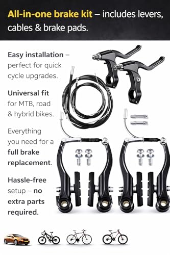 Image of Universal Bicycle V-Brake Set Front & Rear - Alloy Rim Brake Kit with Levers, Cables & Pads | Complete Mechanical Cycle Brake Replacement for MTB, Road & Hybrid Bikes (Black)