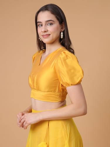 Image of Frolic Rolic Women's Girls Silk Puff Sleeve Solid V-Neck Crop Top Blouse for Party Wedding Festive