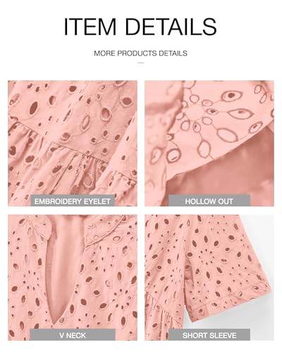 Image of BTFBM Womens Boho Summer Dresses 2026 Spring V Neck Short Sleeve Hollow Out Lace Ruffle Casual Beach Mini Vacation Dress