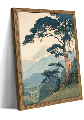 Image of Vintage Japanese Forest Framed Canvas Wall Art - Tranquil Mountain Landscape Painting Print, Retro Nature Tree Scene Decor for Living Room Bedroom Nursery Office Home 16x24 inch