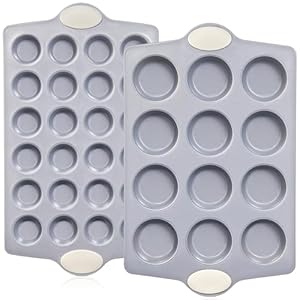 Ceramic Muffin Pan, 12-Cup and 24-Cup Nonstick Aluminized Steel Mini Cupcake Pans, Healthy Non-Toxic Ceramic Coating Muffin Tin, 2 Pack Cup Cake Pans for Baking Cream
