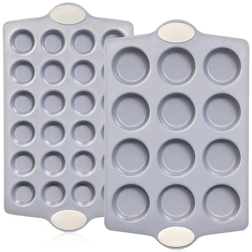 BRONYPRO Ceramic Muffin Pan, 12-Cup and 24-Cup Nonstick Aluminized Steel Mini Cupcake Pans, Healthy Non-Toxic Ceramic Coating Muffin Tin, 2 Pack Cup Cake Pans for Baking Cream
