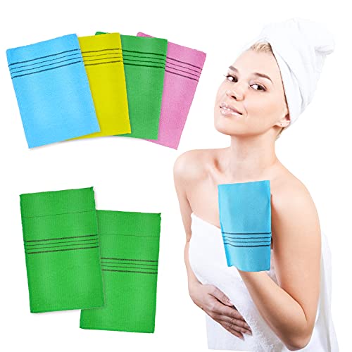 Meetory 6 Pieces Korean Exfoliating Bath Washcloth, 2 Sizes Exfoliating Bath Cloth Towels Scrub Mitten for Skin Massage, Removing Dry Dead Skin Cells, Cleaning Pores(Blue Green Yellow Pink)