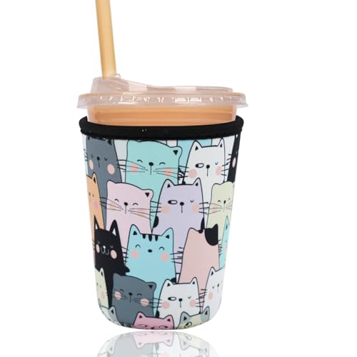 Image of Reusable Insulated Sleeve for Iced Coffee Cup, Coffee Neoprene Sleeve for Cold & Hot Drinks, Beverage Holder for Iced Coffee (Cat Party, Small: 16-18oz)