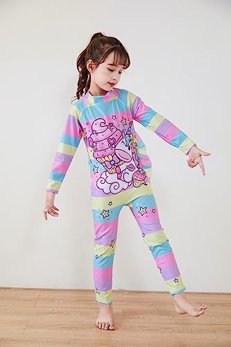 Image of Girls Swimsuits Long Sleeve Rash Guard Swimwear with Matching Cap One-Piece Bathing Suits 2-10 Years