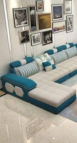 Image of Torque - Silvester 12 Seater U Shaped Sofa for Living Room (Left Side, Sky Blue & Cream) | Large 12-Seater Couch Set with Cushion and Stool | Fabric Sofa for Hall Festival Gifts