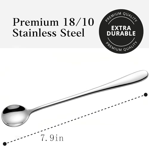 Image of Long Handle Iced Tea Spoons, 7.9 inch 18 /10 Stainless Steel Cocktail Stirring Spoons with Thickened Ergonomic Handle, Tall Coffee & Latte Stirrers, Dessert Spoon Set, Dishwasher Safe Set of 8