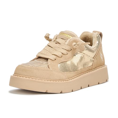 Skechers Women's Keepsakes Cozy - Street Hiker Glam, Classic lace up with Sequins, Gold, 11M