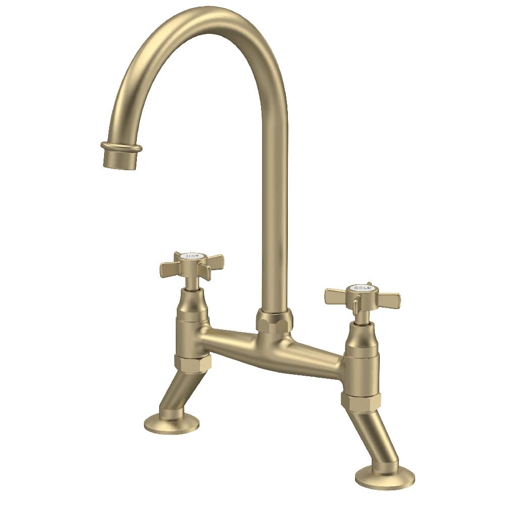 B&Q -  Victoria Brushed Brass Twin Crosshead Kitchen Sink Bridge Mixer Tap