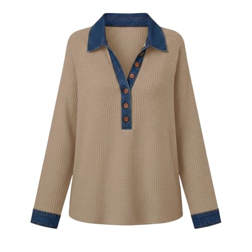Waffle Knit Tops for Women Denim Patchwork Long Sleeve Collar Neck Tops | Henley Shirts for Women, Soft, Long Sleeve,Collared, Comfy, Casual, Work, Lounge, Workout, Travel, Fall Clothes for Women - image 7