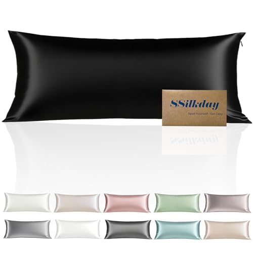 Mulberry Silk Body Pillow Pillowcase with Zipper, Ultra Smooth Soft Breathable Cooling Pillow Cases for Hot Sleepers, Silk Satin Body Pillow Cover for Hair and Skin (Black, 20×54 Inches, 1 Pack)