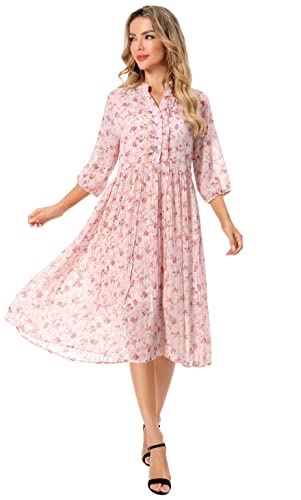 Shineflow Women's Short Sleeve V-Neck 3/4 Sleeve Button Up Chiffon Floral Pleated Midi Swing Dress with Belt4