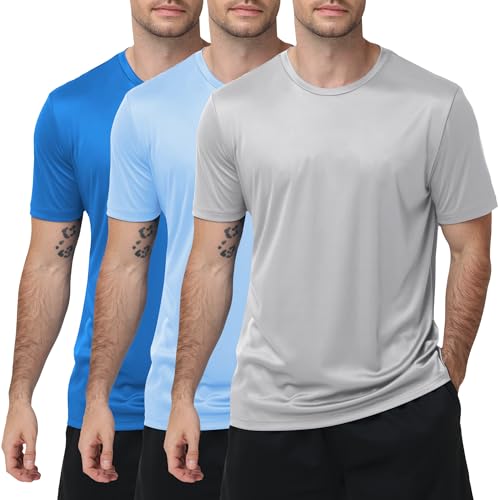 Image of 3 Pack Mens Swim Shirt Workout Shirts UPF 50+ Short Sleeve Rash Guard Fast Dry Sun Protection Lightweight Water Shirt