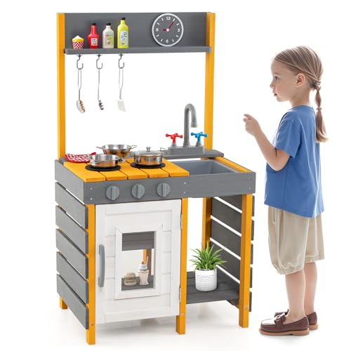 COSTWAY Cuisine Extérieure Enfant en Bois avec Évier et Robinet, Cuisine de Boue avec Bouton Rotatif et Four, Accessoires Riches et Étagère Ouverte, Cuisine Boueuse pour Enfants de 3 Ans+