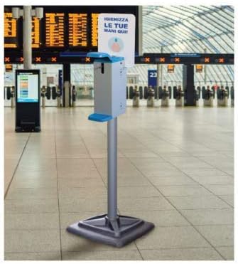Painted steel column with elbow dispenser for hand gel