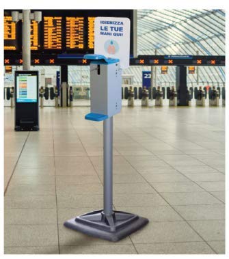 Painted steel column with elbow dispenser for hand gel