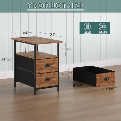 sthmec End Table with Charging Station, Narrow Side Table with 2 Drawers, Nightstands with Drawers, USB Ports & Power Oulets,Slim Sofa Side Tables for Small Spaces,Living Room,Bedroom,Rustics Brown by sthmec - Image 2