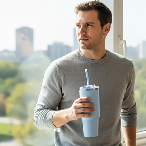 Image of COKTIK 40 oz Tumbler With Handle and Straw Lid, Vacuum Insulated Travel Coffee Mug Stainless Steel Insulated Cup for Beverages, Leak-proof, Cupholder Friendly (Silent Sky)