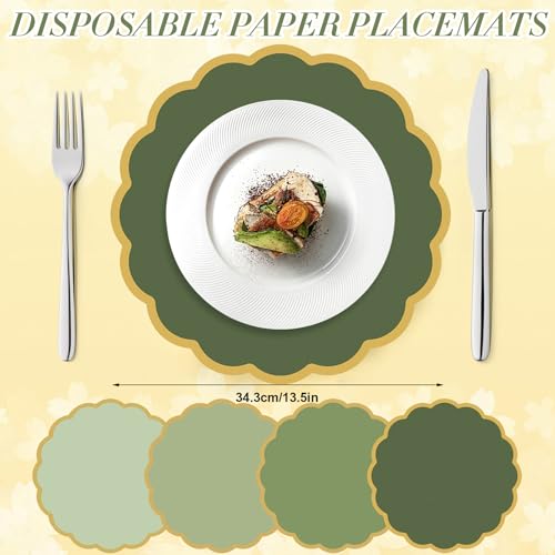 100 Pcs Sage Green Paper Placemats 13.5 Inch Disposable Scalloped Colorful Pastel Round Table Place Mats with Gold Edges, Decorative Colors Mats for Birthday Wedding Baby Shower Banquet Tea Party by ElasignShopo - Used condition - Image 2
