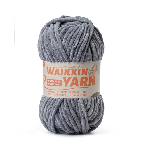 Image of (Grey) Super Soft Fuzzy Chenille Chunky Yarn for Crocheting, 100g (87yds) Fluffy Velvet Yarn for Hand Knitting Baby Blankets Weaving Craft