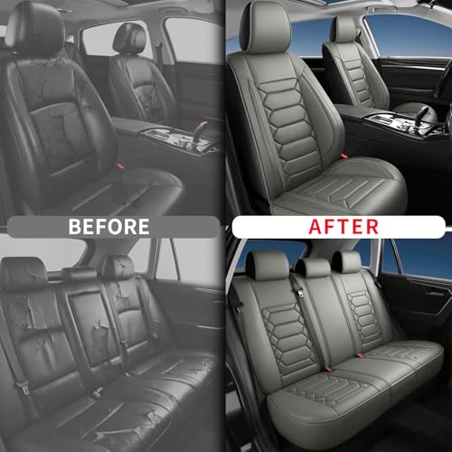 Image of Fit Acadia Car Seat Covers (5 Seats Full Set) Compatible with GMC Acadia 2007-2024 2025 2026-Full Coverage Breathable Leather, Airbag Compatible, Waterproof & All-Weather,Grey