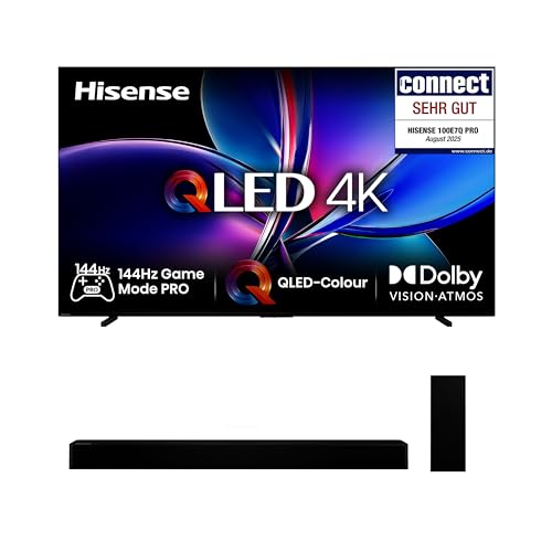 Hisense Bundle of 100E7Q PRO Fehrnseher,100 Zoll,4K UHD QLED, Smart TV + HS2100, 2.1 Kanal Soundbar, 240W max Audio Power,Dolby Audio, DTS Virtual:X, Ultra-Slim Wireless subwoofer, TV Mode, EzPlay