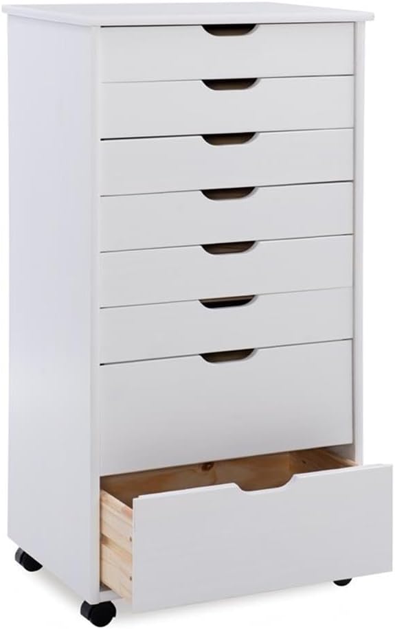 Riverbay Furniture 8-Drawer Wood Storage Cart, White Wash Finish, 20.75"W x 15.35"D x 40.5"H, Solid Pine with Contoured Handles and Casters, Versatile Organizer for Office, Kitchen, or Bedroom Use