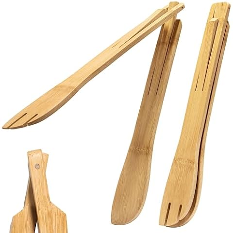 Versatile Bamboo Salad Tongs | Wooden Cooking Tongs, Enhanced Grip, Perfect for Kitchen Use, Camping, and Grills | Collapsible for Easy Carry & Storage and Serving Food | Set of 2 Cover