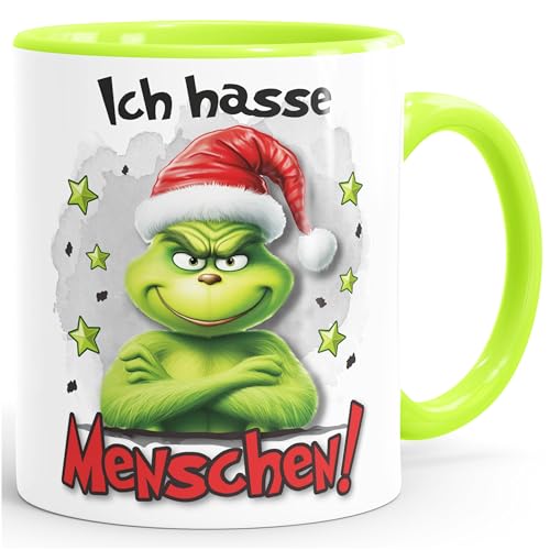 MoonWorks Kaffee-Tasse Weihnachtsnörgler Geschenk für Weihnachtsmuffel Ich hasse Menschen Weihnachtstasse lustig Weiss-innen-hellgruen standard